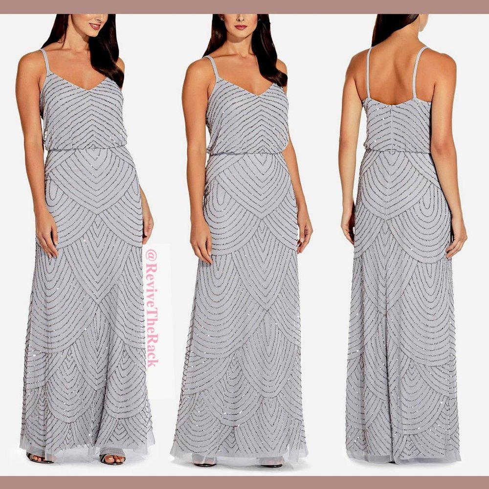 NEW Adrianna Papell Art Deco Beaded Blouson Gown in‎ Silver/Grey [SZ 6 ]